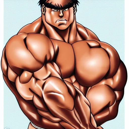 Image similar to a large muscular and beefy man, posed flexing his muscles. tan skin, manga illustration, 2 0 0 7