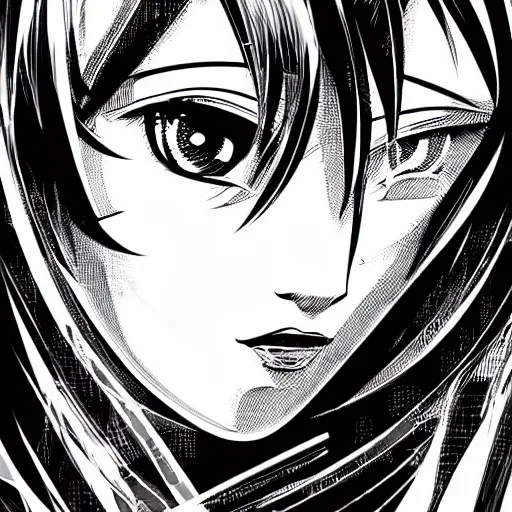 Image similar to vector illustration ink drawing of an anime manga gothic girl portrait with an intricate futuristic urban inspired helmet, hyperrealistic oil painting, by makoto shinkai and ilya kuvshinov and lois van baarle and rossdraws and basquiat, trending on artstation, black and white, chromatic aberration, monochrome color palette, halftone shaded background