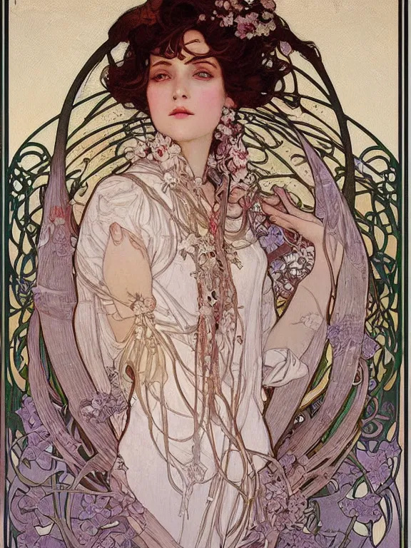 Image similar to an art nouveau mucha poster portrait oil painting of a pretty, young, moon princess surrounded by thousands of spiraling white ribbons, intricate, detailed, smooth, complex, elaborate, by bartosz kosowski and af / vf