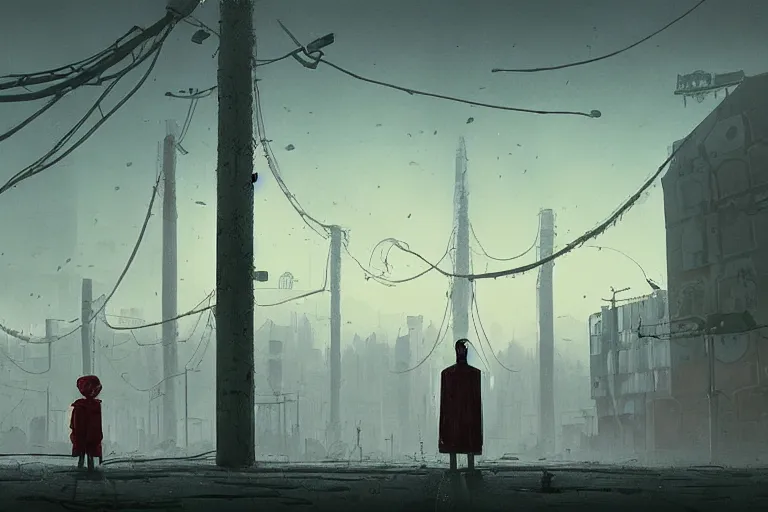 Image similar to a creepy cultist standing in a dystopian city by simon stalenhag,