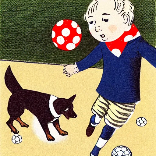 Image similar to book illustration of a french boy on the streets of paris playing football against a corgi, the dog is wearing a polka dot scarf, 1 9 6 6