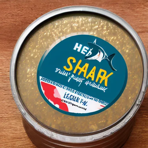 Prompt: Can of Shark SPAM, high quality photo advertisement with legible writing