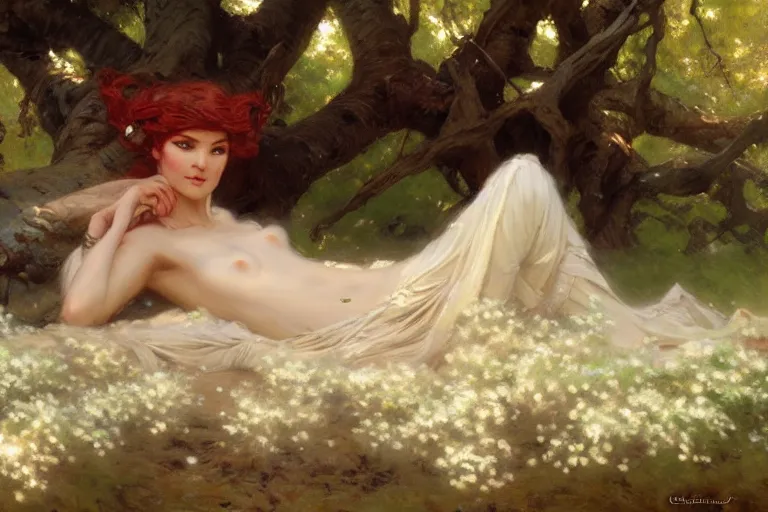 Prompt: a tired warrior relaxing under a huge tree with white flowers, fantasy, painting by gaston bussiere, craig mullins, j. c. leyendecker, trending on artstation