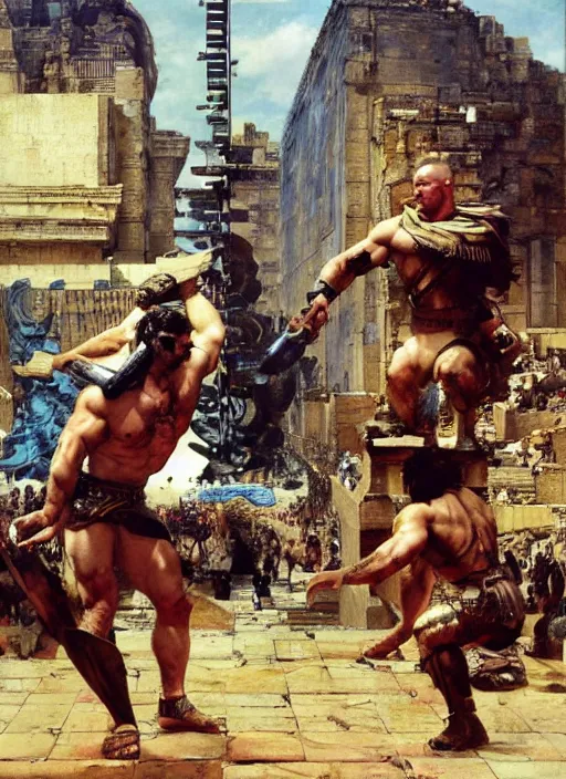 Prompt: huge warrior jocko willink vs godlike achilles at the walls of troy, dynamic action science fiction, by john berkey and lawrence alma tadema and rick berry and norman rockwel