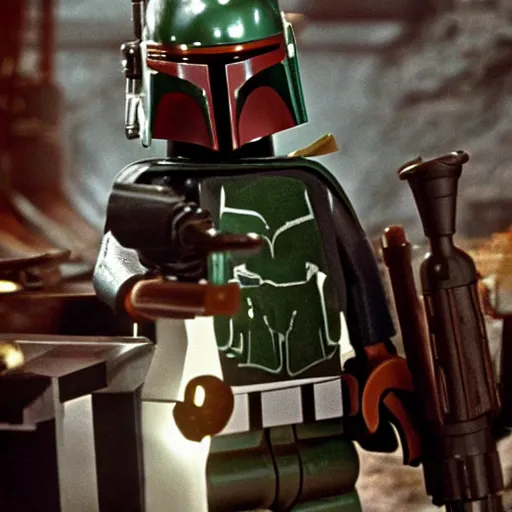 Image similar to boba fett in a scifi western saloon, movie still from star wars the empire strikes back, lego