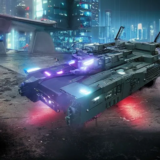 Prompt: cyberpunk military vehicles in combat, realistic, night time, bright explosions, shooting