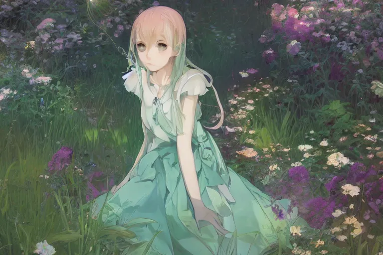 Image similar to a depressed digital art, loli in dress, garden, green and warm theme, blue accents, back lighting, highly detailed, 4 k resolution, trending on art station, by krenz cushart and mucha and akihito yoshida and greg rutkowski and makoto shinkai