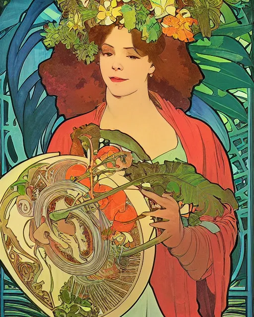 Image similar to a realistic cookbook photograph of a bacalaito fritter surrounded by tropical iconography and a variety of tropical flora, cell shading, by Alphonse Mucha, by Moebius, by hiroshi yoshida, Art Nouveau, colorful, ultradetailed, vivid colour, 3d