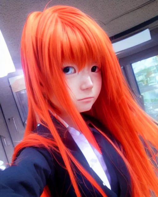 Prompt: asuka langley soryu takes a selfie in real life