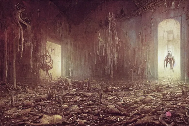 Image similar to an eerie painting of a cacophony of demons sacrificing humans in a grungy derelict georgian manor interior with colourful graffiti on the walls and garbage scattered on the floor, reclaimed by nature by zdzisław beksinski, wayne barlowe, hr giger, luis royo, agostino arrivabene