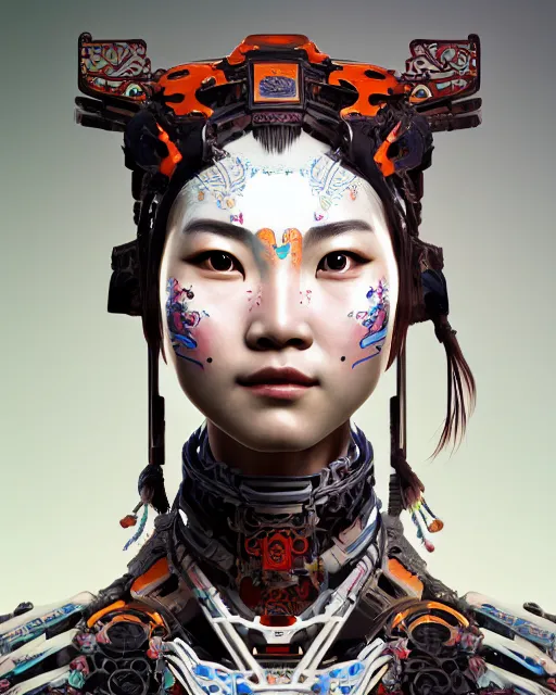 Image similar to portrait of a machine from horizon zero dawn, machine face, upper body, decorated with chinese opera motifs, asian, traditional chinese art, intricate, elegant, highly detailed, digital painting, artstation, concept art, smooth, sharp focus, illustration, art by artgerm and greg rutkowski and alphonse mucha, 8 k