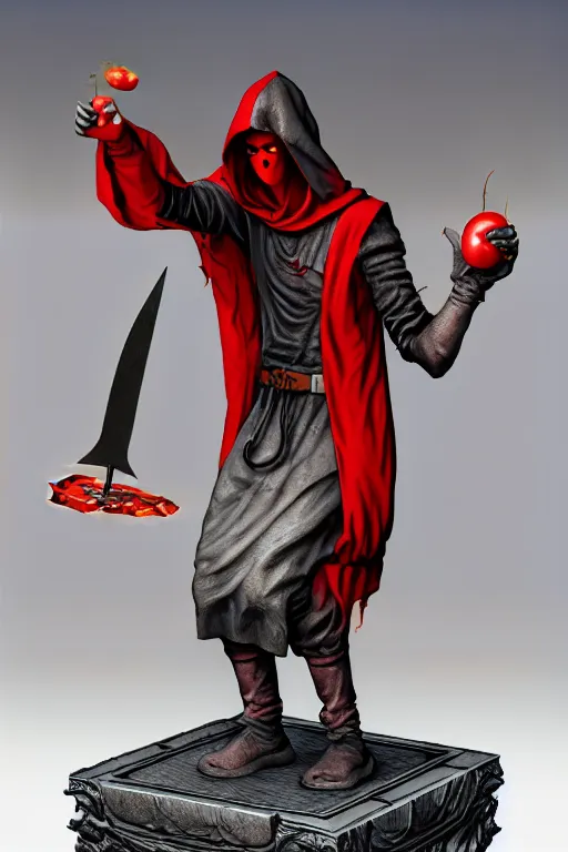 Image similar to a statue of a hooded cultist is holding a bloody knife in one hand and a tomato on the other, by patrick mcenvoy and michael komarck and fantasy flight, incredible quality, trending on artstation