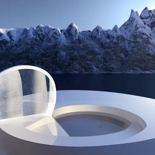 Image similar to frosted wine bottle standing on a white zen clean modern minimalist white yatch in front of large circular portal with frosted mountain view, frozen and covered in ice, by peter tarka and zaha hadid octane highly render, 4 k, ultra hd,