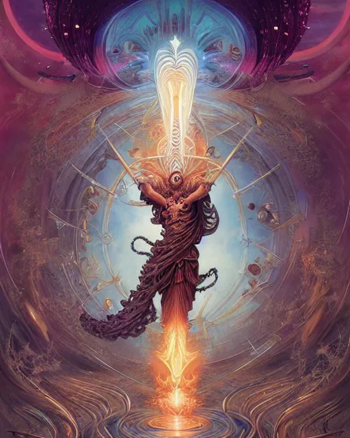 Image similar to the ace of wands tarot card, fantasy composition made of fractals, ultra realistic, wide angle, intricate details, the fifth element artifacts, highly detailed by peter mohrbacher, hajime sorayama, wayne barlowe, boris vallejo, aaron horkey, gaston bussiere, craig mullins