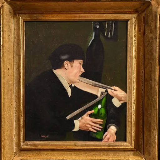 Prompt: oil painting by james gilray of a man opening a bottle of champagne with a sword.