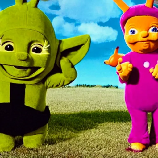 Prompt: Danny Trejo appears in teletubbies, still