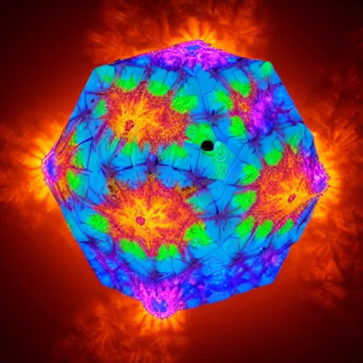 Image similar to a hyperrealistic 3D render of a dodecahedron made entirely of tie dyed Mandelbrot fractals, 8k, 4K, glowing, neon, dramatic lighting, volumetric lighting, octane render,