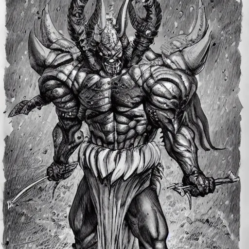 Prompt: a menacing goblin general who has a muscular physique, red horns, hyper-detailed, by kentaro miura