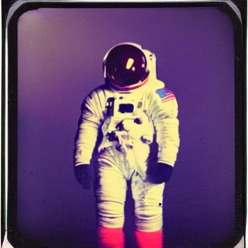 Prompt: vintage polaroid of a woman in a spacesuit, on the surface of the moon landing, warm azure tones, red color bleed, film grain