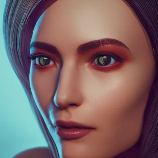 Prompt: close-up of a beautiful woman with atoms for eyes against a backdrop of a utopian sci-fi city, hyperealistic, octane render