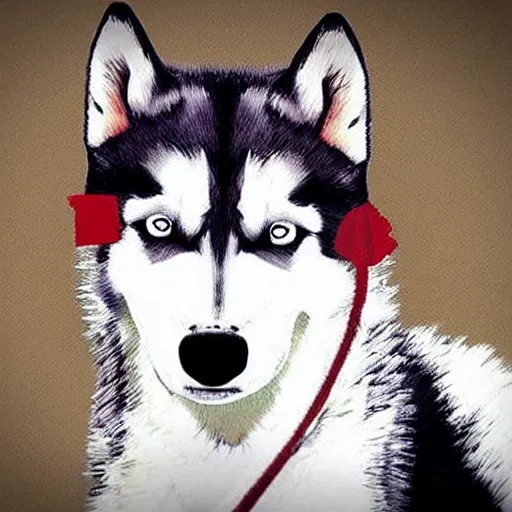 Prompt: a husky wearing a red shirt in the style of the red dead redemption 2 cover art