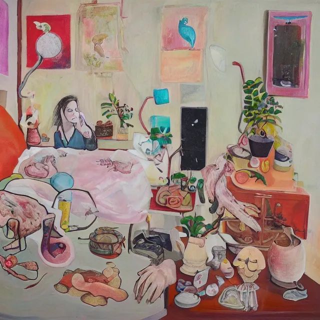 Prompt: a self - portrait in a female artist's bedroom, a female pathologist with a piglet, a pomegranate, pork, surgical equipment, handmade pottery, plants in beakers, feminine, sensual, octopus, squashed berries, pancakes, neo - expressionism, surrealism, acrylic and spray paint and oilstick on canvas