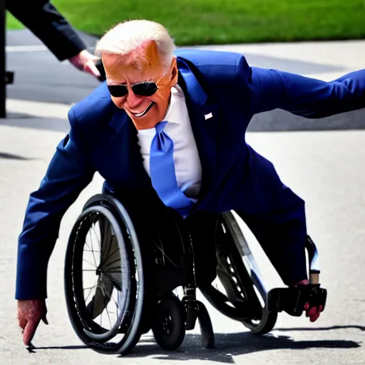 Image similar to joe biden falling off his wheelchair faceplanting on the ground, award winning photo