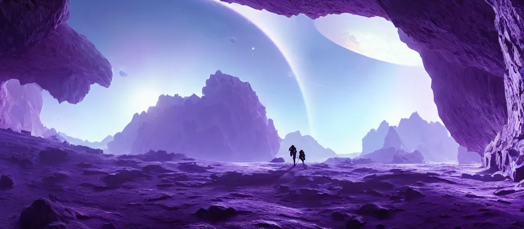 Image similar to one astronaut on purple [ [ [ crystal ] ] ] caves, amethyst, beautiful dynamic lighting, cinematic, wide angle establishing shot, extremely high detail, photo realistic, cinematic lighting, artstation, matte painting, style by frederic church, raphael lacoste, greg rutkowski, roger deakins