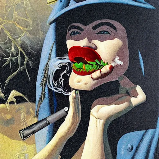 Image similar to hamburger with human face smoking a cigarette, high detail, fantasy illustration by angus mcbride