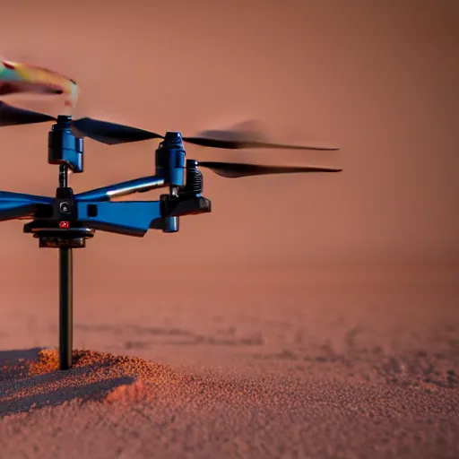 Image similar to industrial extrusion nozzle on flying radio controlled drone, extruding a clay mixture, in the australian desert, XF IQ4, 150MP, 50mm, F1.4, ISO 200, 1/160s, dawn