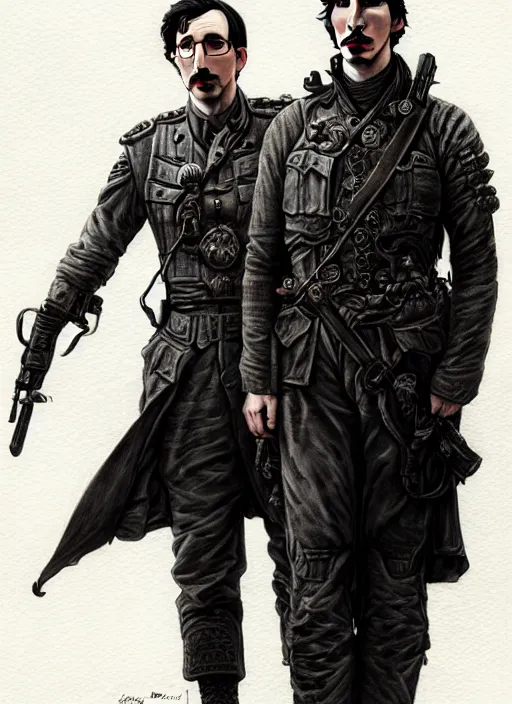 Image similar to a portrait of john oliver standing next to adam driver, stoic, full body, military uniform, fantasy, intricate, elegant, beautiful, highly detailed, charcoal, centered, dark, smokey, digital painting, artstation, concept art, smooth, sharp focus, illustration, art by artgerm and greg rutkowski and alphonse mucha