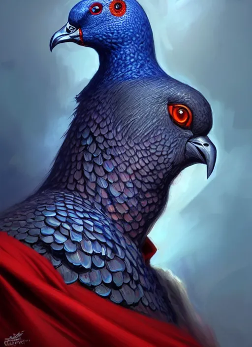 Image similar to portrait of aggressive pigeon humanoid, d & d, muscular! blue and red, fantasy, intricate, elegant, highly detailed, digital painting, artstation, concept art, smooth, sharp focus, illustration, art by artgerm and greg rutkowski and alphonse mucha