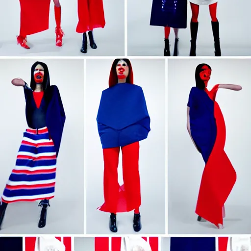 Prompt: brutalist fashion incorporating red white and blue, brutalist fashion show, studio lighting