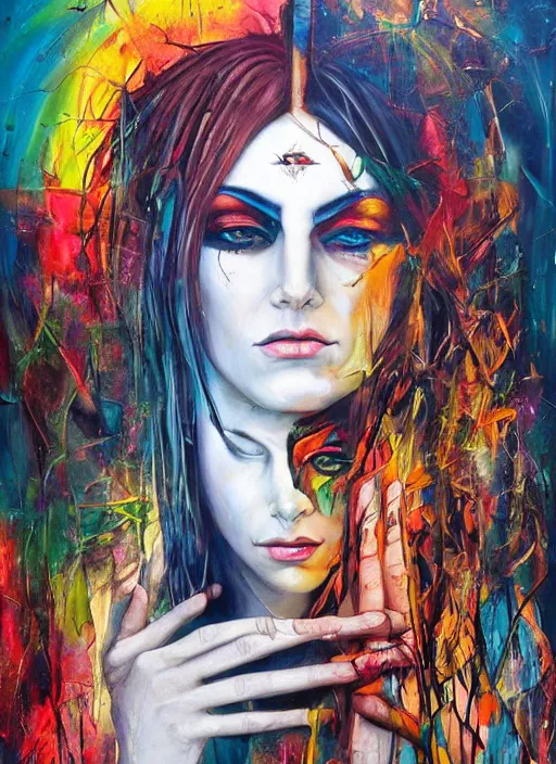 Image similar to enlightened magic cult psychic woman, painted face, third eye, energetic consciousness psychedelic, epic surrealism expressionism symbolism, story telling, iconic, dark robed, oil painting, symmetrical face, dark myth mythos, by sandra chevrier, joan mitchell masterpiece