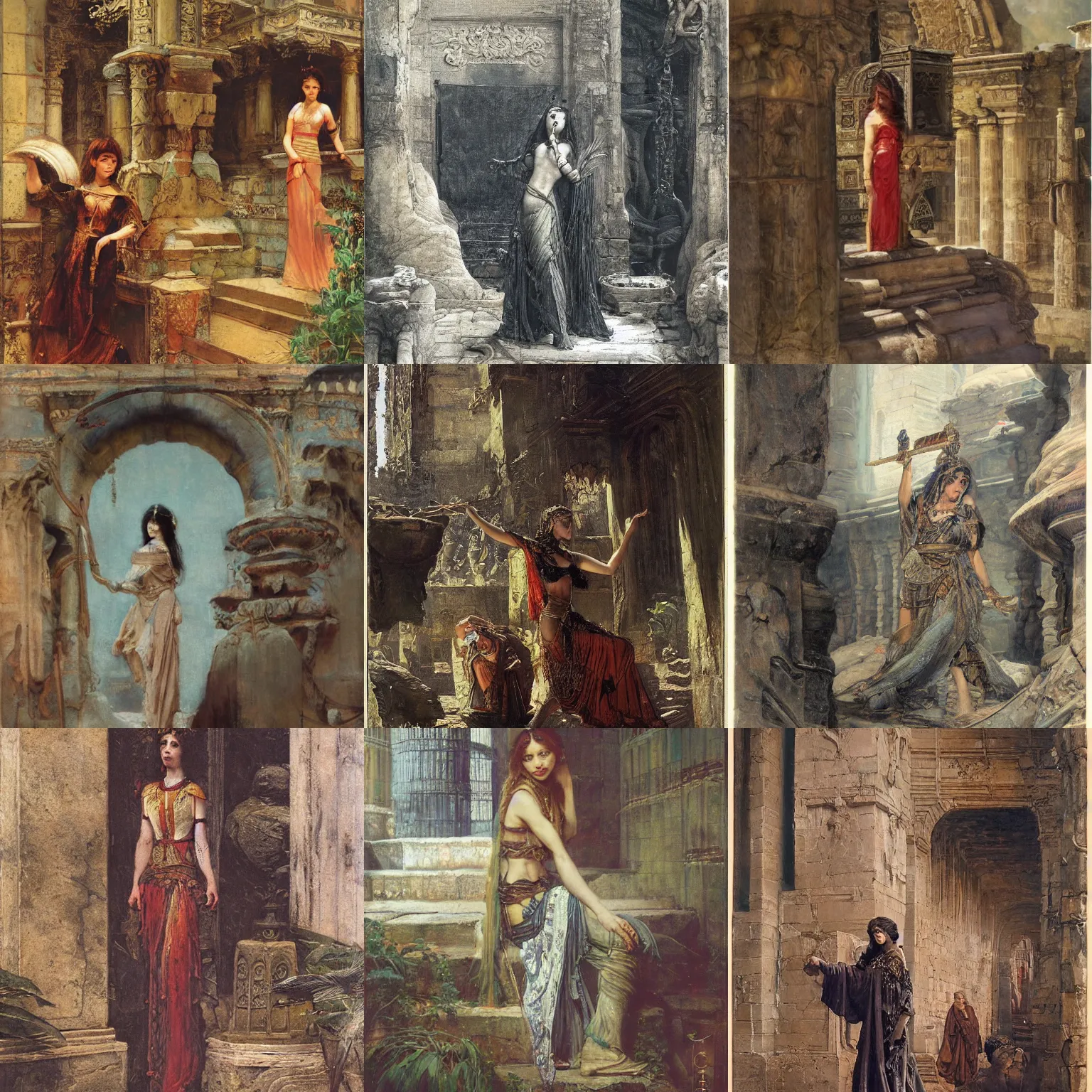 Prompt: orientalist portrait of a of a sorceress in a sandstone ruin dungeons and dragons intricate artwork by john william waterhouse and Edwin Longsden Long and Theodore Ralli and Henryk Siemiradzki, levitation, industrial rusty pipes, simple form, brutal shapes high detail 8k