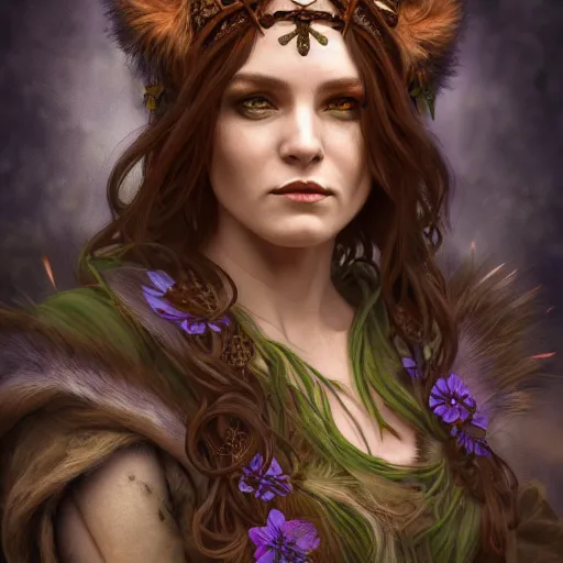Image similar to a portrait of a female druid ,Grim fantasy, D&D, HDR, natural light, shoulder level shot, dynamic pose, award winning photograph, Mucha style 4k,
