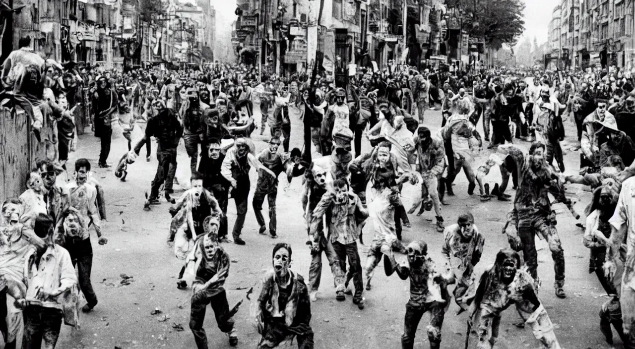 Prompt: a photo of the famous zombie invasion in the streets of Vichy, 1994, vibrant