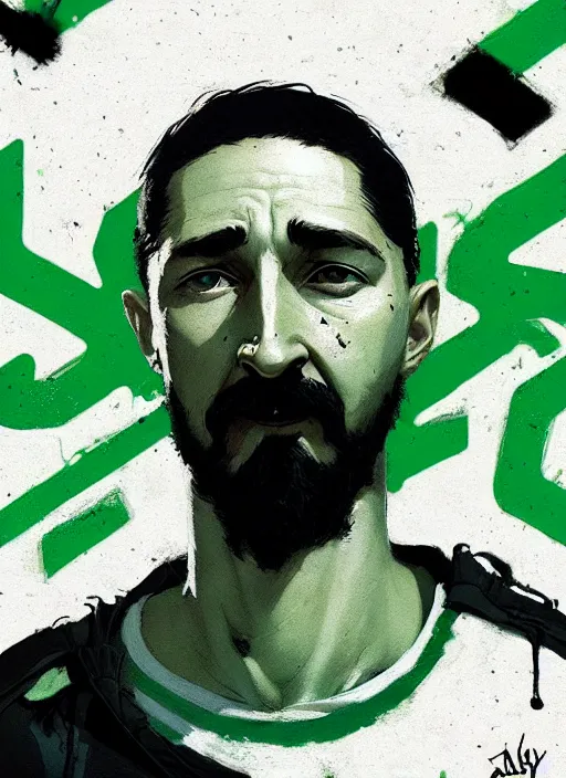 Image similar to highly detailed closeup portrait of creepy staring shia lebouf with motivational text by atey ghailan, by greg rutkowski, by greg tocchini, by james gilleard, by joe fenton, by kaethe butcher, gradient green, black and white color scheme, grunge aesthetic!!! ( ( graffiti tag wall background ) )