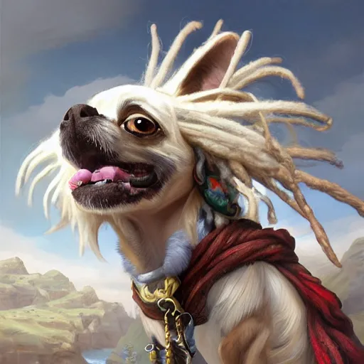 Prompt: a detailed and accurate masterpiece painting of a pirate chihuahua with white dreadlocks, white hair dreads, sharp detail, by tyler edlin, noah bradley, john j. park, jordan grimmer trending on artstation