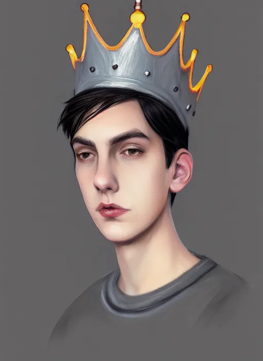 Image similar to portrait of teenage jughead jones wearing a light grey crown, photorealistic, crown, eyes closed, crown, black hair, intricate, elegant, glowing lights, highly detailed, digital painting, artstation, concept art, smooth, sharp focus, illustration, art by wlop, mars ravelo and greg rutkowski