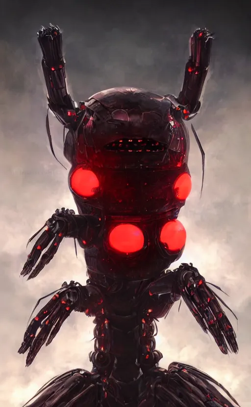 Prompt: a robot humanoid spider with 4 arms with claws, glowing red eyes, in a black carbon and red fiber armor, smiling creepily, dynamic lighting, photorealistic fantasy concept art, trending on art station, stunning visuals, creative, cinematic, ultra detailed