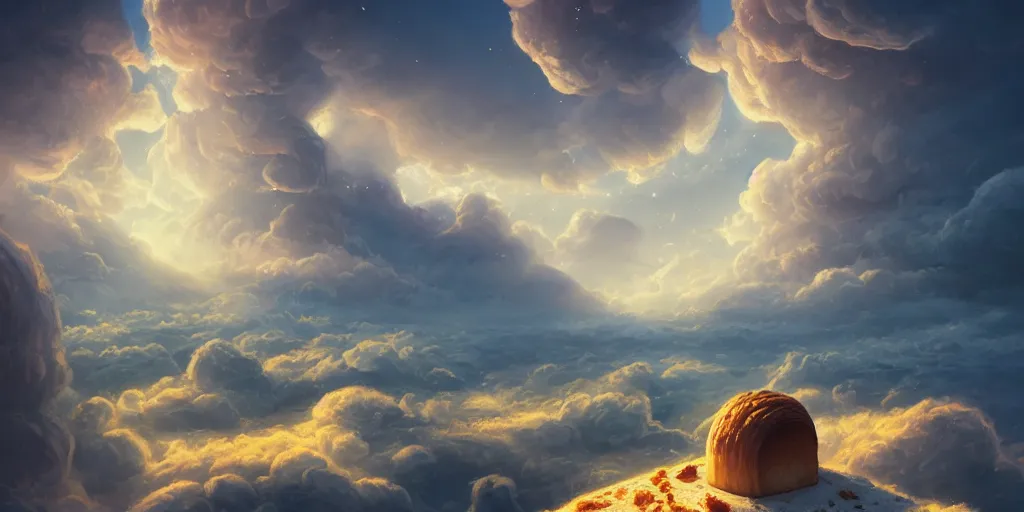 Prompt: beautiful digital illustration of bread in space by andreas rocha, curvilinear architecture, fluffy pastel clouds, cinematic, architecture, concept art, deviantart, artsation, artstation hq, hd, 1 6 k resolution, smooth, sharp detail, amazing depth, octane, finalrender, unreal engine