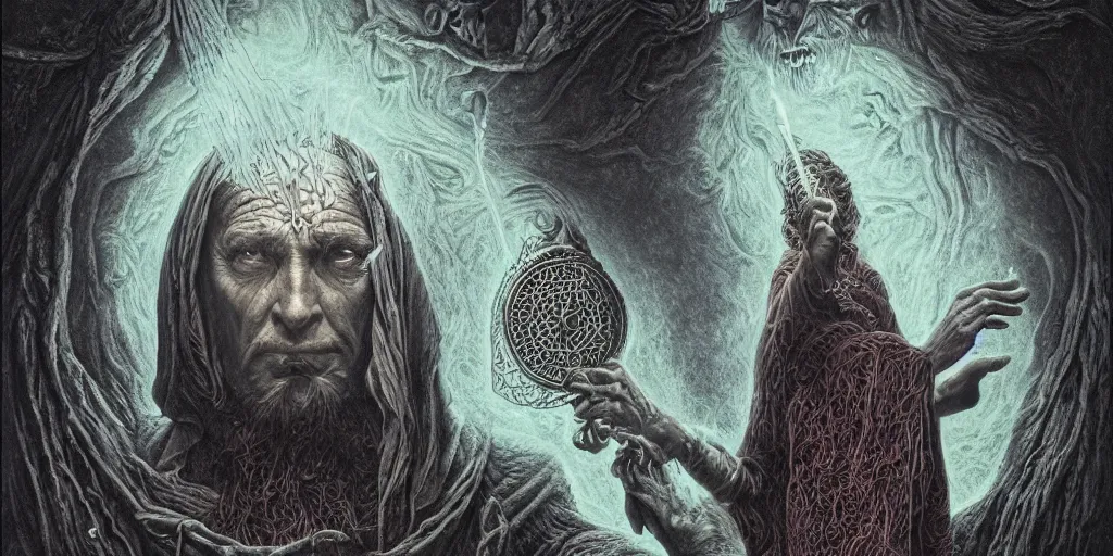 Image similar to highly detailed matte painting portrait of a dark wizard casting a spell by alex grey, patrick woodroffe, mark ryden created by gustave dore and greg rutkowski, high detailed, smooth draw, synthwave neon retro, intricate, realistic proportions, dramatic lighting, trending on artstation