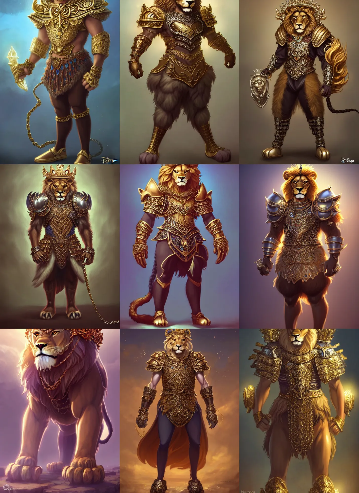 Prompt: beautiful full body portrait of a strong male anthropomorphic lion fursona wearing fantasy ornate lion - themed chain armor and a crown. character design by disney, anime, manga, charlie bowater, ross tran, artgerm, and makoto shinkai, detailed, soft lighting, rendered in octane