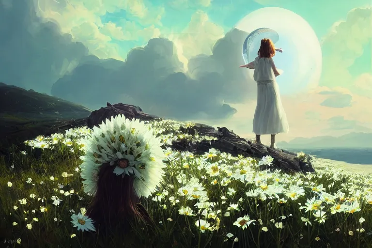 Prompt: giant white daisy flower crown head, girl standing on cliff, surreal photography, solar eclipse, milky way, dramatic light, impressionist painting, clouds, digital painting, artstation, james gilleard, liam wong, jeremy mann, simon stalenhag