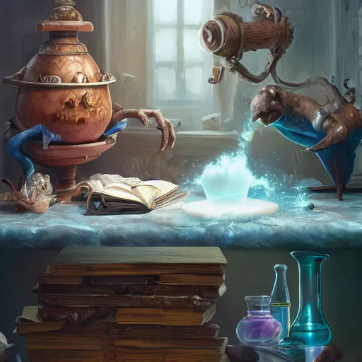 Image similar to hyper real, table, wizards laboratory, lisa parker, tony sart, mortar, pestle, scales with magic powder, energy flowing, magic book, beakers of colored liquid, greg rutkowski