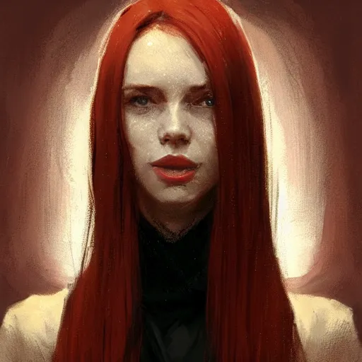 Image similar to Portrait of a woman by Greg Rutkowski, she is about 20 years old, redhead, long straight hair, beautiful oval face, wearing red and black utilitarian jumpsuit, older sister vibes, highly detailed portrait, digital painting, artstation, concept art, smooth, sharp foccus ilustration, Artstation HQ.