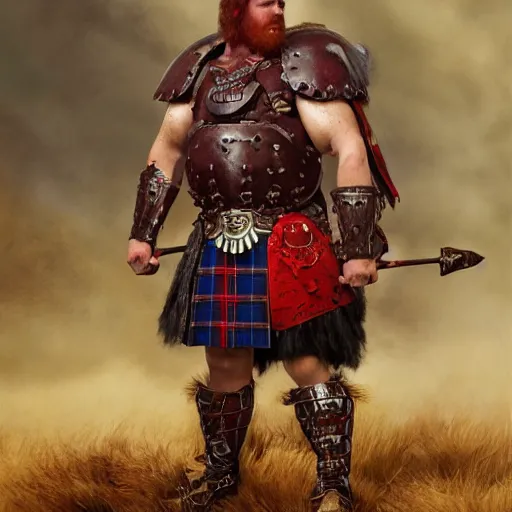 Image similar to bulky muscular scottish warrior with red hair and a kilt, tribal blood red war paintings on his chest, bronze plate armor, 4 k oil on linen by wlop, artgerm, andrei riabovitchev, nuri iyem, james gurney, james jean, greg rutkowski, highly detailed, soft lighting 8 k resolution