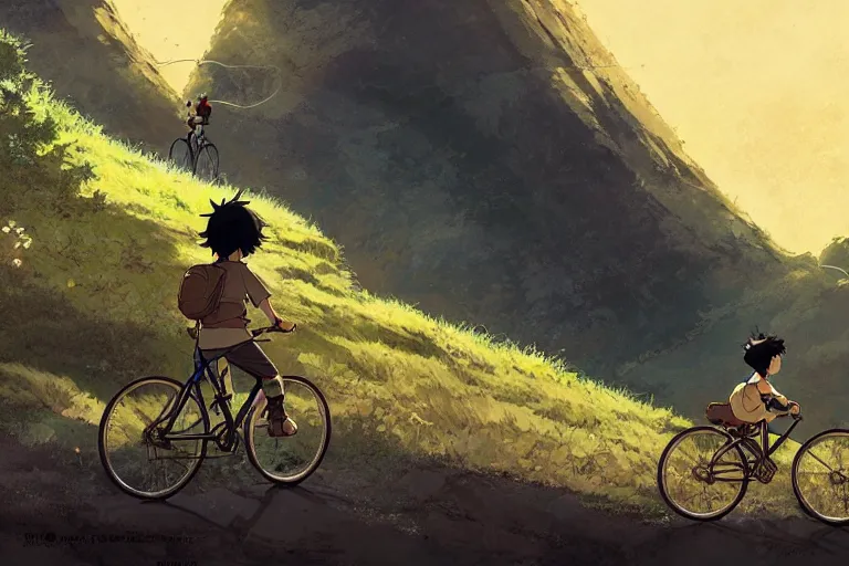 Prompt: a boy riding his bike alone through mountainside, high intricate details, rule of thirds, golden ratio, cinematic light, anime style, graphic novel by fiona staples and dustin nguyen, by beaststars and orange, peter elson, alan bean, studio ghibli, makoto shinkai