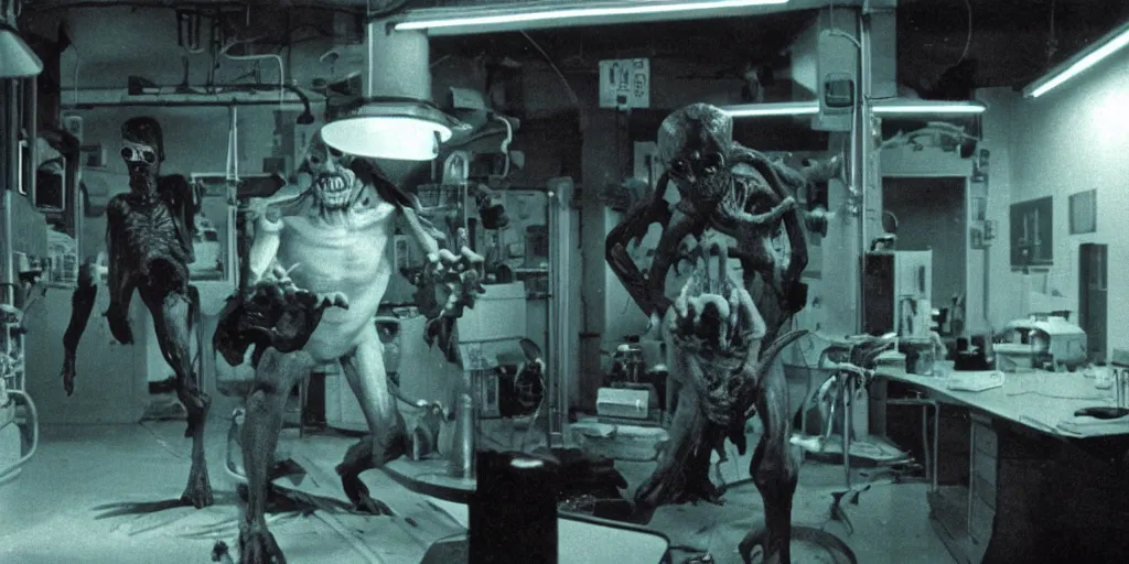 Prompt: a scary filmic wide shot color ground level angle movie still 35mm film photograph of the full body of a screaming and angry dangerous shape shifting alien creature, with multiple mutated snarling drooling human faces with a grotesque variety of human and animal limbs protruding from its lower torso inside of a 1970s science lab, neon lights, dirty, ektachrome photograph, volumetric lighting, f8 aperture, cinematic Eastman 5384 film